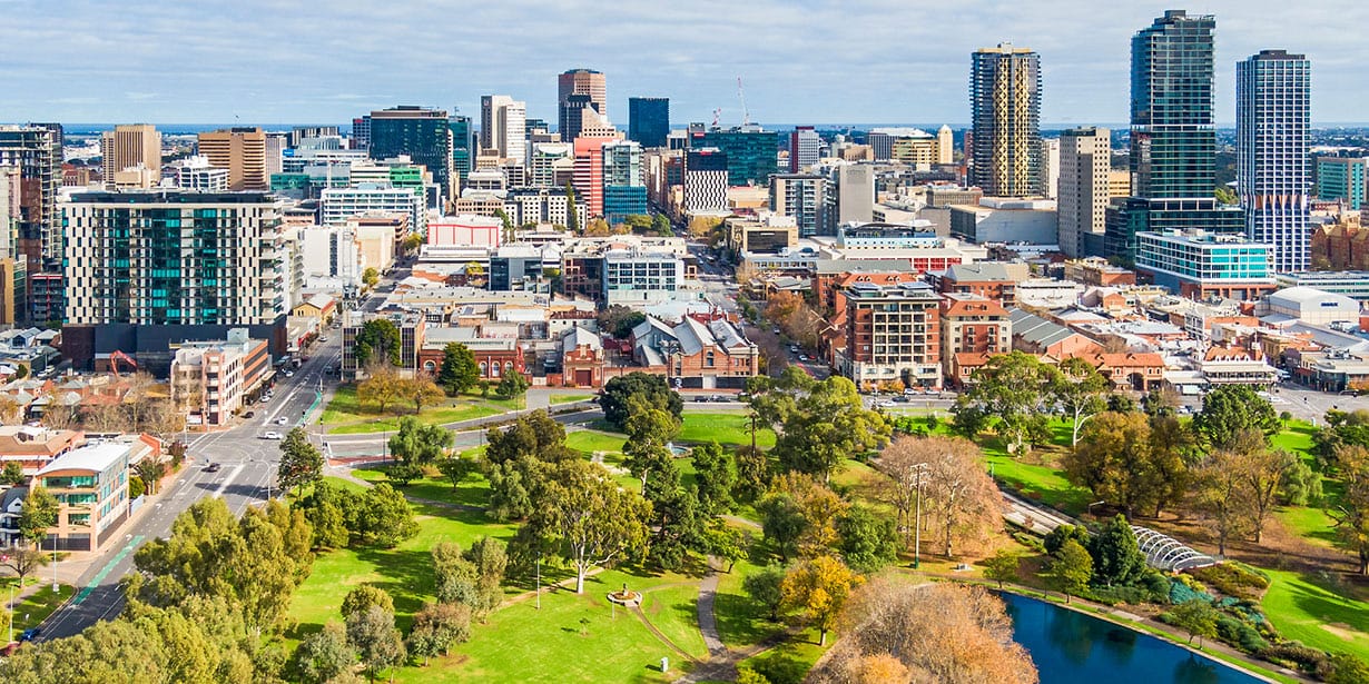 Aerial view of Adelaide across the city parklands
